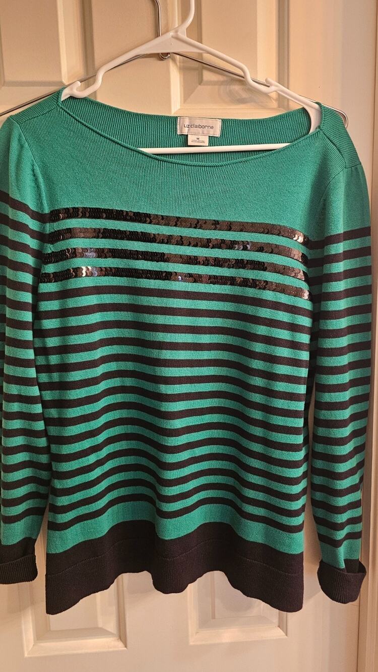 Liz Claiborne Black and Green Pull Over Sweater Sz M Long Sleeve